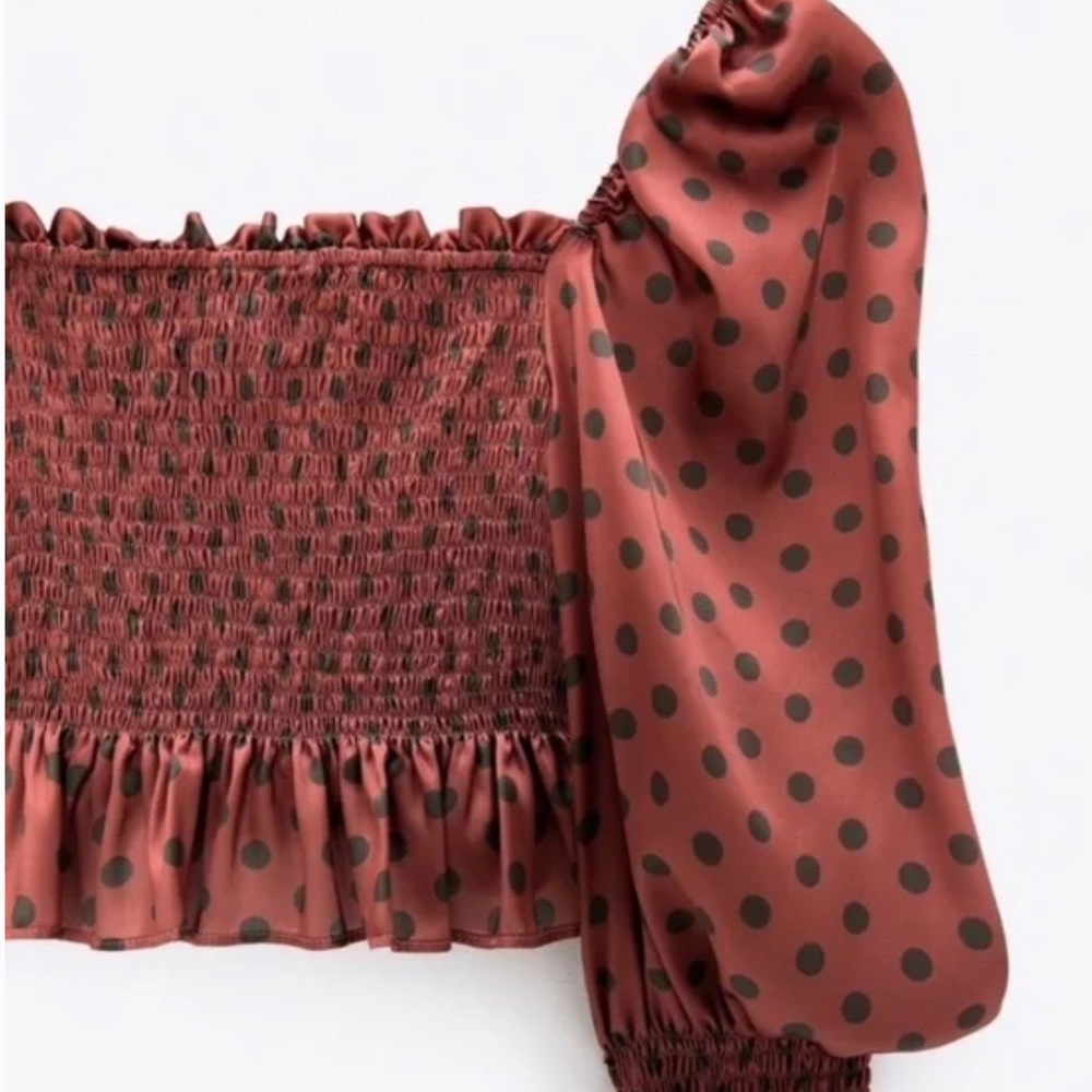 NWT Zara Satin Burgundy Red & Green Polka Dot Smocked Puff Sleeve Top in size M - Picture 2 of 10